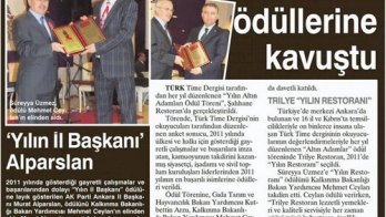 Trilye’ye Yılın Restoranı Ödülü - 4 Şubat 2012 Sabah Ankara