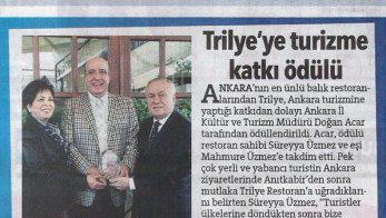 Trilye'ye Turizme Katkı Ödülü - 14 Kasım 2014 Hürriyet Ankara