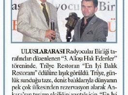 Trilye En İyi Balık Restoranı - 7 Haziran 2011 Sabah Ankara